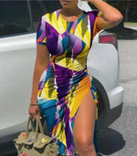 Trendy Printed Slim Midi Dresses Women Fashion Package Hip Bodycon Short Sleeves Drawstring Slit Dress Casual Ladies Streetwear