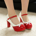 Plus Size Crossed Thin Ribbon Bow Shallow High-Heeled Shoes Patent Leather Splicing White PU Sweet Lolita Style Pumps