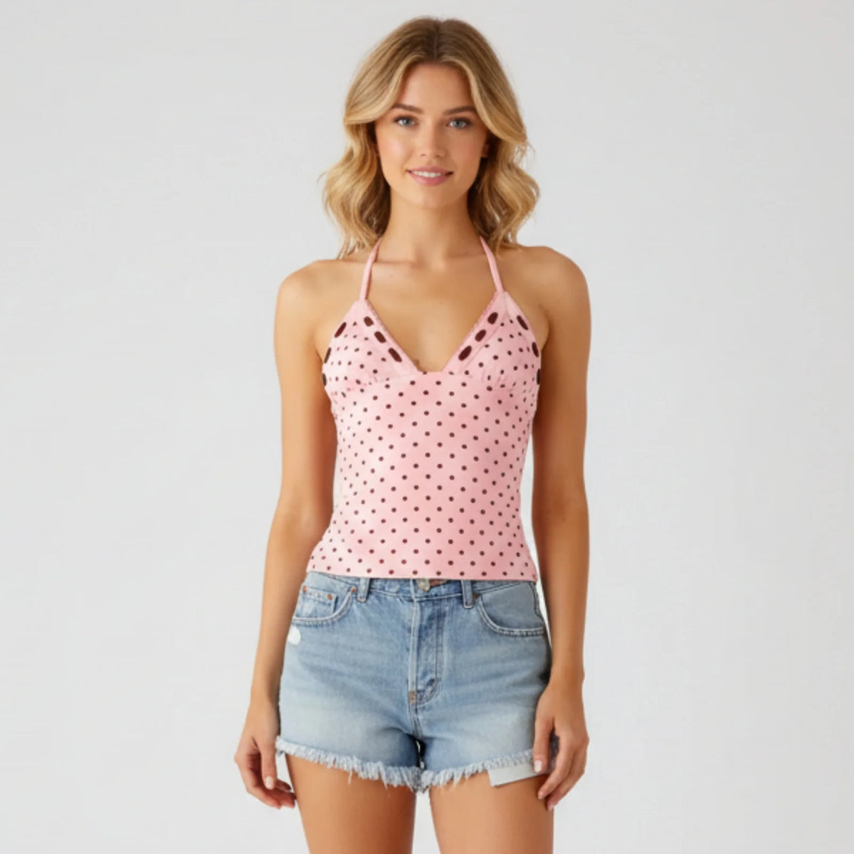 Women's Summer Halter Camis Tops Fashionable Dot Print Sleeveless Deep V Neck Open Back Vest for Party Nightclubs