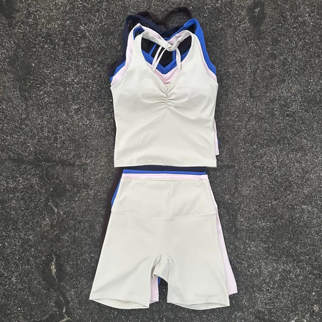 Women Gym Yoga Short Cycling Set Cross Back Gym Bra Tank Top +High Waist Cycling Short Leggings High Impact Shockproof Sportwear