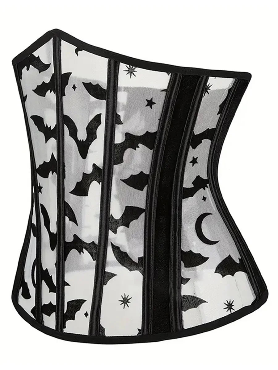 Women Underbust Corset Tops Halloween Bat Print Bustier Shapewear Tie up Cincher Waistband for Dress Streetwear
