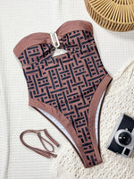 Sexy Bandeau One Piece Swimwear Women 2026 Coffee Plaid Metal U Neck Hollow Out Bathing Suits Slimming Tummy Control Swimsuit
