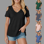 Women V Neck Cold Shoulder Short Sleeve T Shirt Soft Loose Fit Solid Color Basic Tees Spring Summer Casual Daily Streetwear 2026
