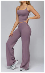 Yoga Suit Gym Fitness Set Hanging Neck Slim Sports Tank Top High Waist Wide Leg Pants Tracksuit Outdoor Running Athletic Wear