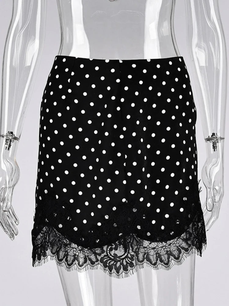 FDYOUI 2026 Woman Clothes Lace Patchwork Polka Dot Skirts Female Sexy Tight Short Skirt Black Party Night Club Dress Streetwear