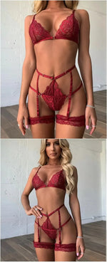 Women's Sexy Lingerie Set Lace Porn Costumes 3 Piece Push Up Bra G-String Garter Exotic Sets Lenceria Erotic Underwear For Sex