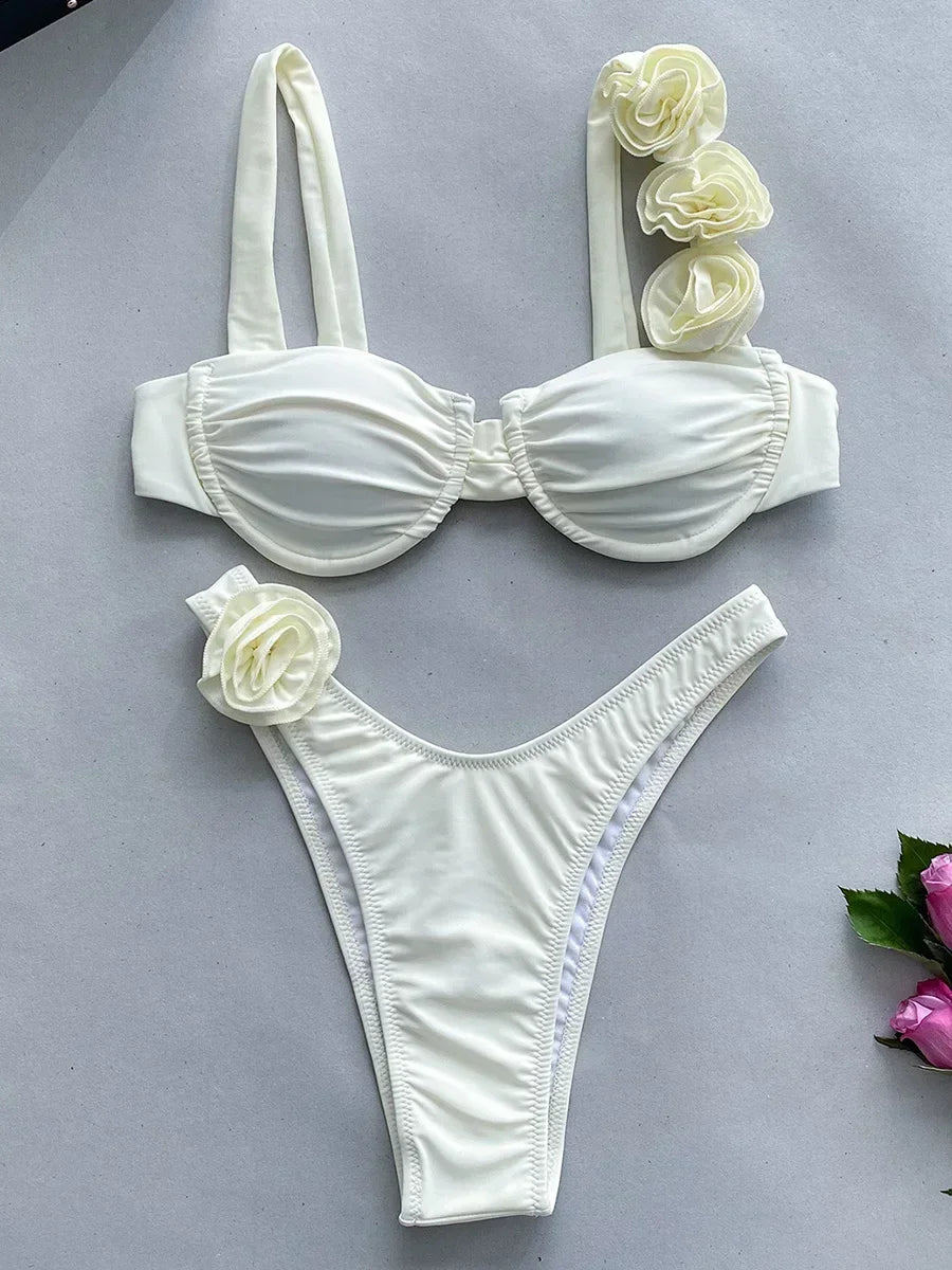 3D Flowers Underwired Brazilian Bikini Women Thong Swimwear Female Swimsuit Two-pieces Bikini Set Push Up Bathing Suit Swim