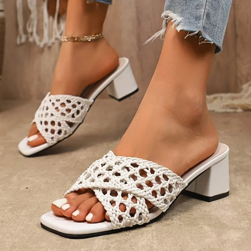 2026 Summer Plus Size High Chunky Heels Modern Sandals Hollow Weave Dressy Outdoor Hot Sale Women's Classics Fashion Slippers