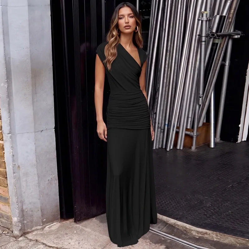 FDYOUI 2026 Summer Diagonal Collar Sleeveless Birthday Dress Women Sexy Tunics Pleated Solid Long Party Dresses Pink Black Gown