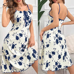 Sexy Womens Floral Print Ribbed Slip Dress Spaghetti Strap Tie Front Backless Summer Nightgown Lettuce Hem Loungewear New Hot