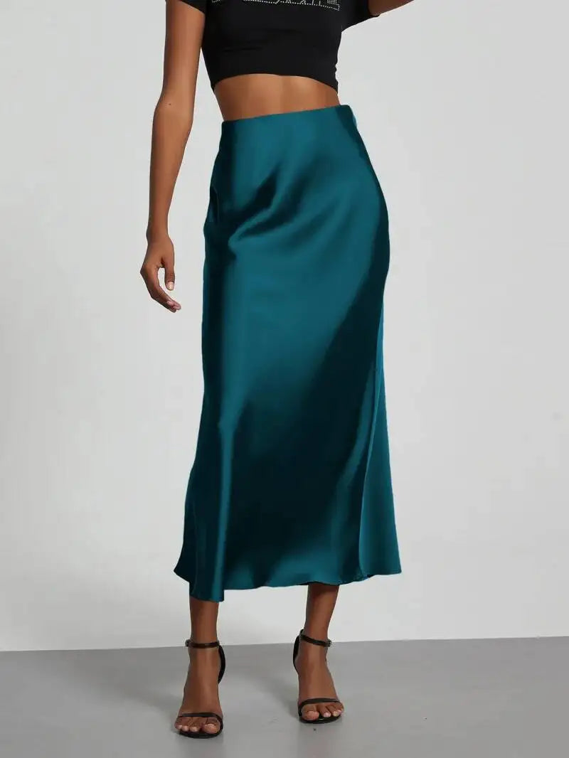 28 Colors New 2026 Women's Elegant High Waist Satin Long Skirts Female Summer Solid Color Faldas Fashion Women Skirts KBA3