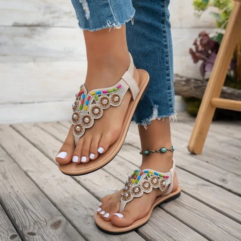2026Summer New Boho Style Clip-On Beaded Rhinestone Buckle With Elastic Heel Rubber Strap Women's Shoes Casual And Comfortable