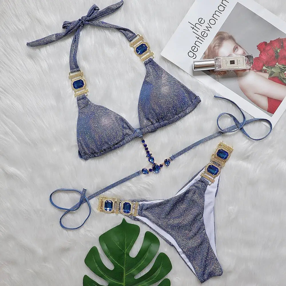 DEKA Women Crystal Diamond Bikini Set Necklace Push Up Swimwear Halter String Thong Swimsuit Biquini Beachwear