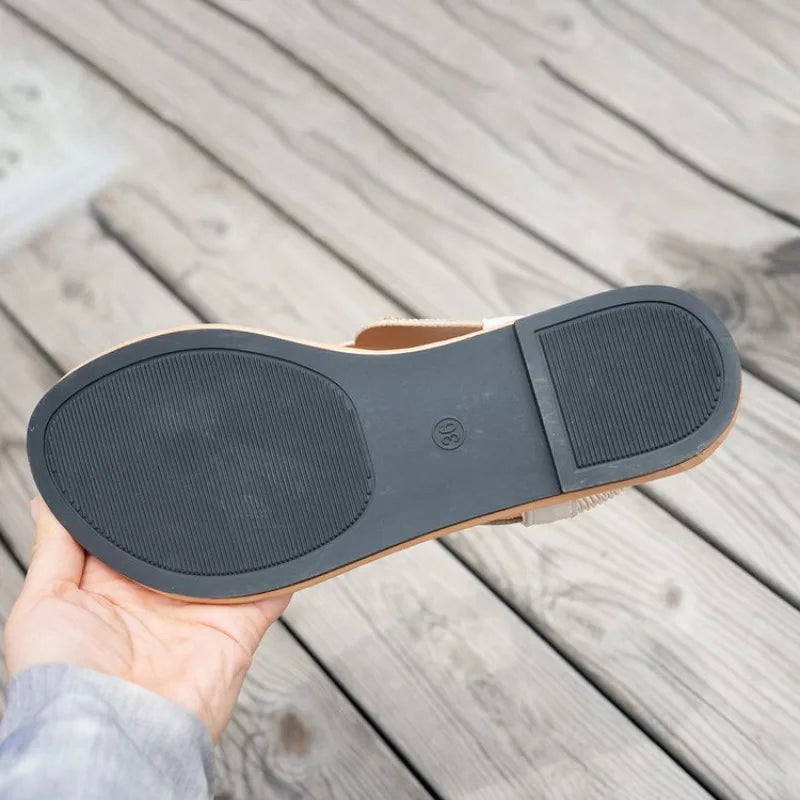 2026Summer New Boho Style Clip-On Beaded Rhinestone Buckle With Elastic Heel Rubber Strap Women's Shoes Casual And Comfortable