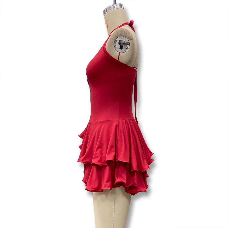Hot Girl Slim Halter Neck Mini Dress Solid Color V-neck Single-breasted Layered Ruffles Bodycon Short Dresses Fashion Female New