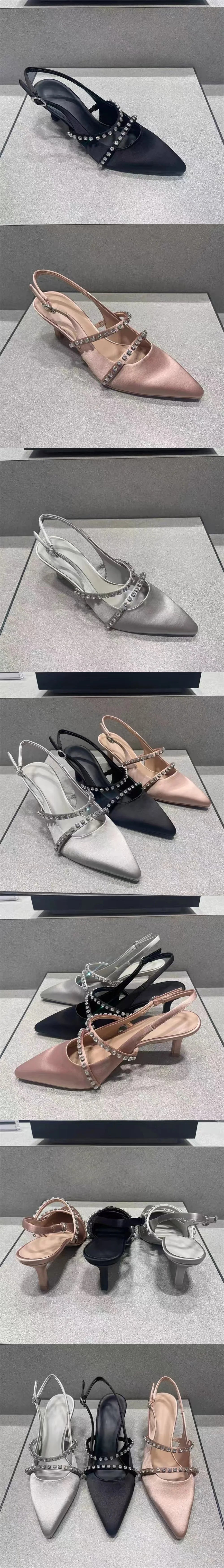 Elegant Pointed Toe Silver Nude Black Satin Slingback Pumps Sexy Thin Stiletto High Heel Wedding Bridal Date Party Summer Shoes