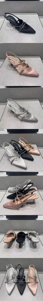 Elegant Pointed Toe Silver Nude Black Satin Slingback Pumps Sexy Thin Stiletto High Heel Wedding Bridal Date Party Summer Shoes