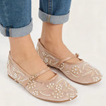 2026 Big size 42 Chic Nude Beading Flat Mary Janes Shoes Women Leisure Mesh Pearls Embroidery Comfy Walk Ballet Flats Shoes