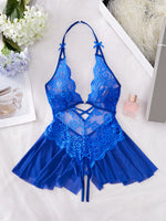 Bodycon Teddy Dress Crotchless Sheer Underwear Set Lace See Through Halter Deep V Sexy Lingerie Sultry Nightwear For Date Night