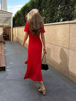 Foridol Red Knitted Polo Dress Autumn Winter Women Dress Casual Elegant Maxi A-line Hollow OutDress Slim Christmas Party