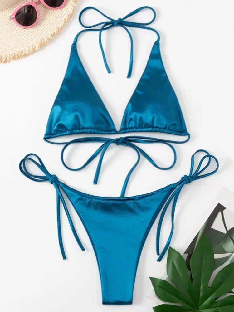 Wrap Around Halter Metallic Satin Bikini Women Swimwear Female Swimsuit Two-pieces Bikini Set Brazilian Bathing Suit Swim Lady