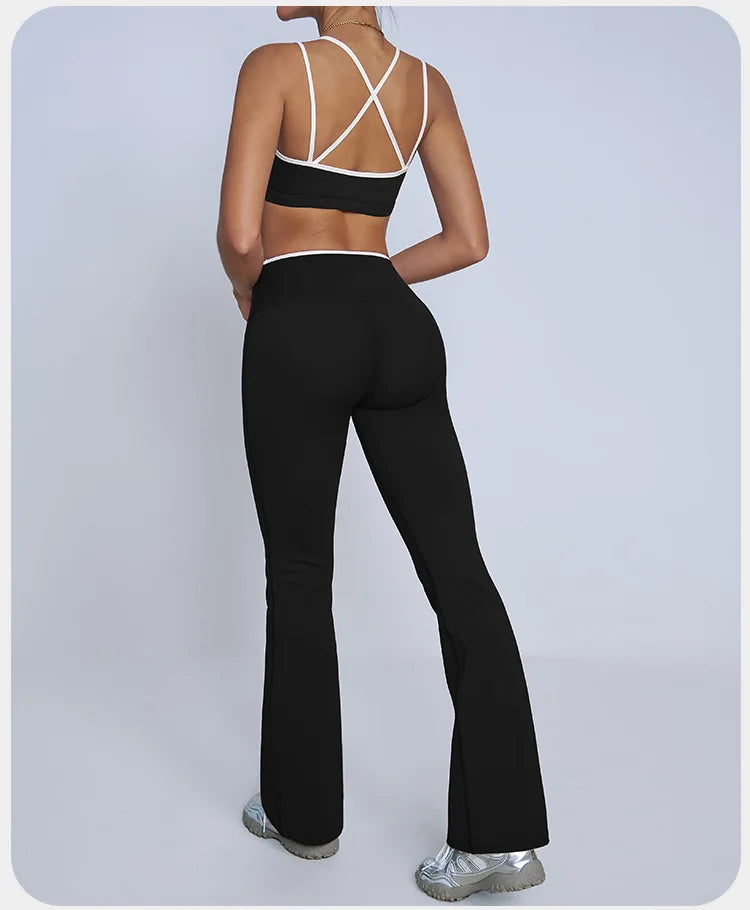 Tight Naked Yoga Shorts Suit Women Double Strap Sports Bra High Waist Flare Leggings Fitness Suit Gym Running Workout Clothes