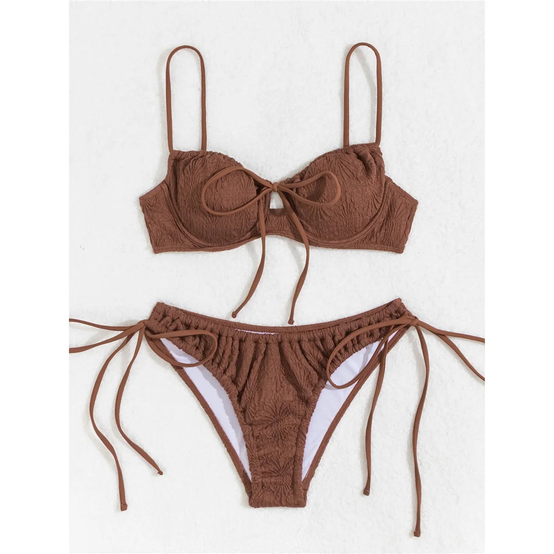 Wrinkled Underwired Knotted High Cut Bikini Female Swimsuit Women Swimwear Two-Pieces Bikini Set Bather Bathing Suit Swim V5807