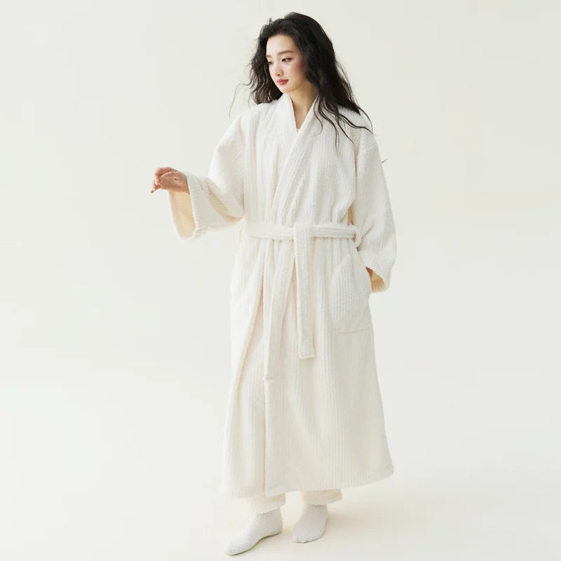 Fall Winter Unisex Couple Maxi Long Bathrobe Thick Soft Coral Velvet Beauty Flannel Warm Morning Robe for Men Women Loungewear