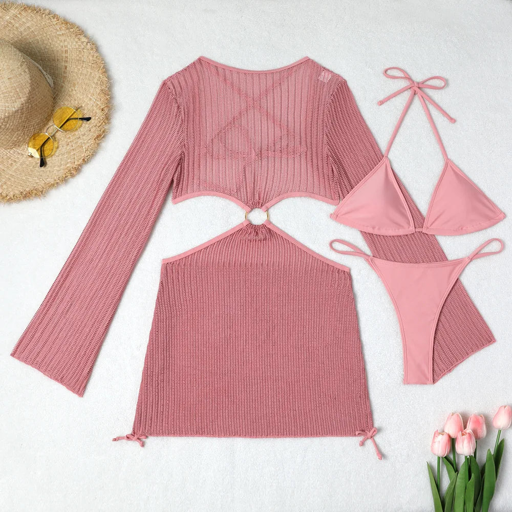 DEKA Women Solid Bikini Set Halter Bra Lace-up Swimsuit Set With Mesh Yarn Cover Up Dress KnittedLong Sleeve Boho Swimwear