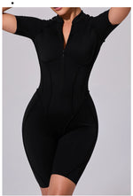 Summer Zipper Workout Jumpsuit Sports Overalls Women Running Fitness Short Sleeve Yoga Bodysuit