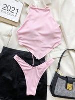 Sexy Ribbed Bikini Set Blue Pink High Neck Cut Out Push Up Crop Top 2 Piece Swimsuit Bathing Suit Thong Swimwear 2024 Beachwear