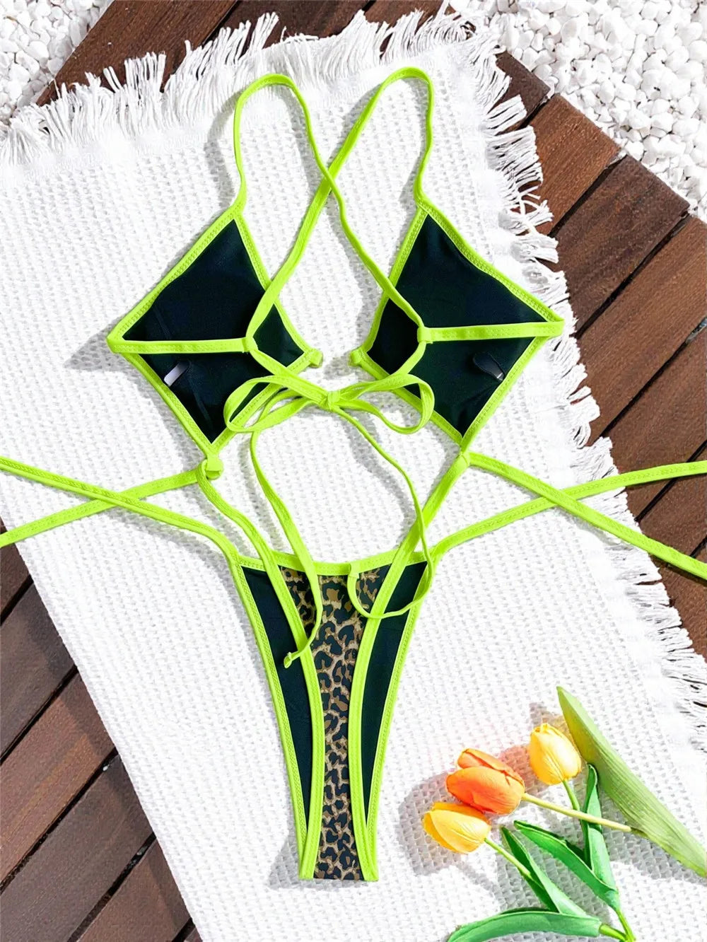 Leopard Print One Piece Swimsuits for Women String Lace-up Triangle Bikini Swimwear 2026 Hollow Out Monokini Bathing Suit Summer