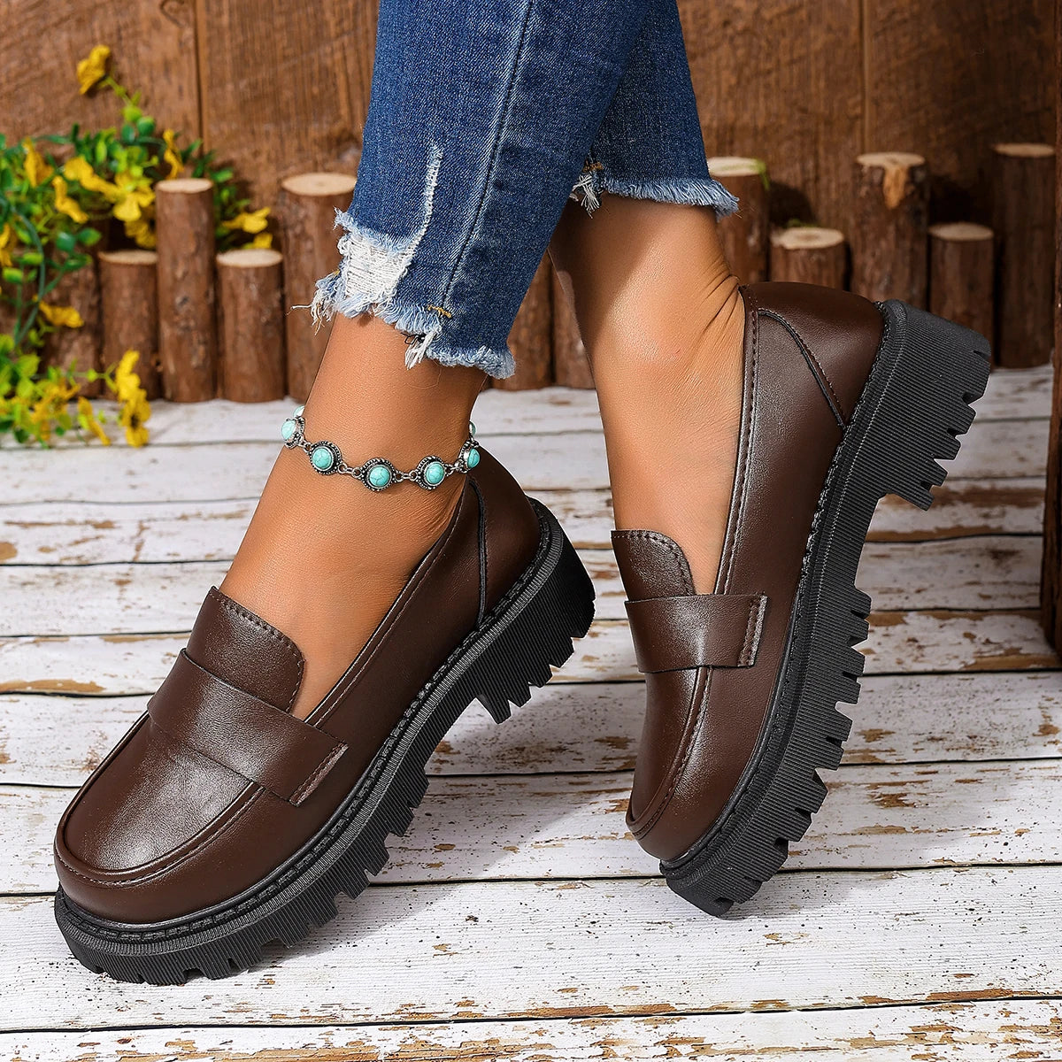 Women Penny Platform Loafer Shoes Slip On Chunky Lug Sole Round Toe Vintage Preppy Office Casual Dress Shoes