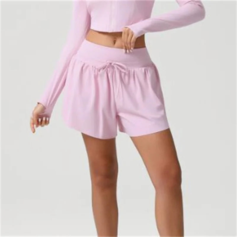 Women's Loose Nude Sports Shorts Solid Pink Drawstring High Waist Yoga Leggings Outdoor Running Casual Fitness Exercise Shorts