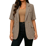 Women Textured Blazer Jacket Lapel Collar Double Breasted Half Sleeve Pocket Loose Suit Coat Elegant Office Summer Outerwear