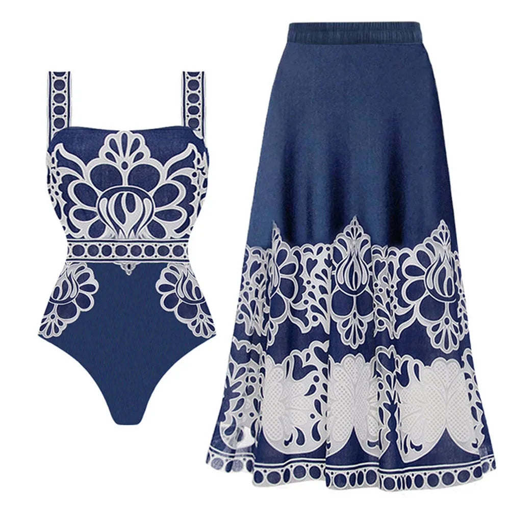 2024 Women Swimwear 2PC Cover-up Swimsuit Ruffle Solid Printed Deep V One-piece Monokini Kimono Bikini Suit Summer Beachwear