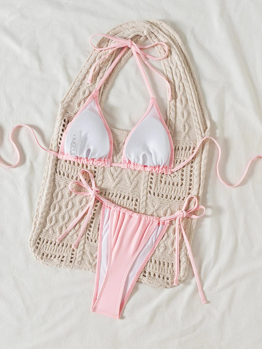 3D Flowers Halter Mini Micro Thong Bikini Female Swimsuit Women Swimwear Two-pieces Bikini Set High Cut Bathing Suit Swim Lady