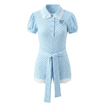New Pure Desire Casual Style Lace Patchwork Heart Hollow Out Puff Sleeve Polka Dot Belt Jumpsuit Shorts For Woman Charming 6M0J