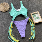 DEKA Long Tassel One Piece Swimwear Hollow Out Women Backless Swimming Suit Cut Out Halter Cross Swimsuit Female Beachwe Bathing