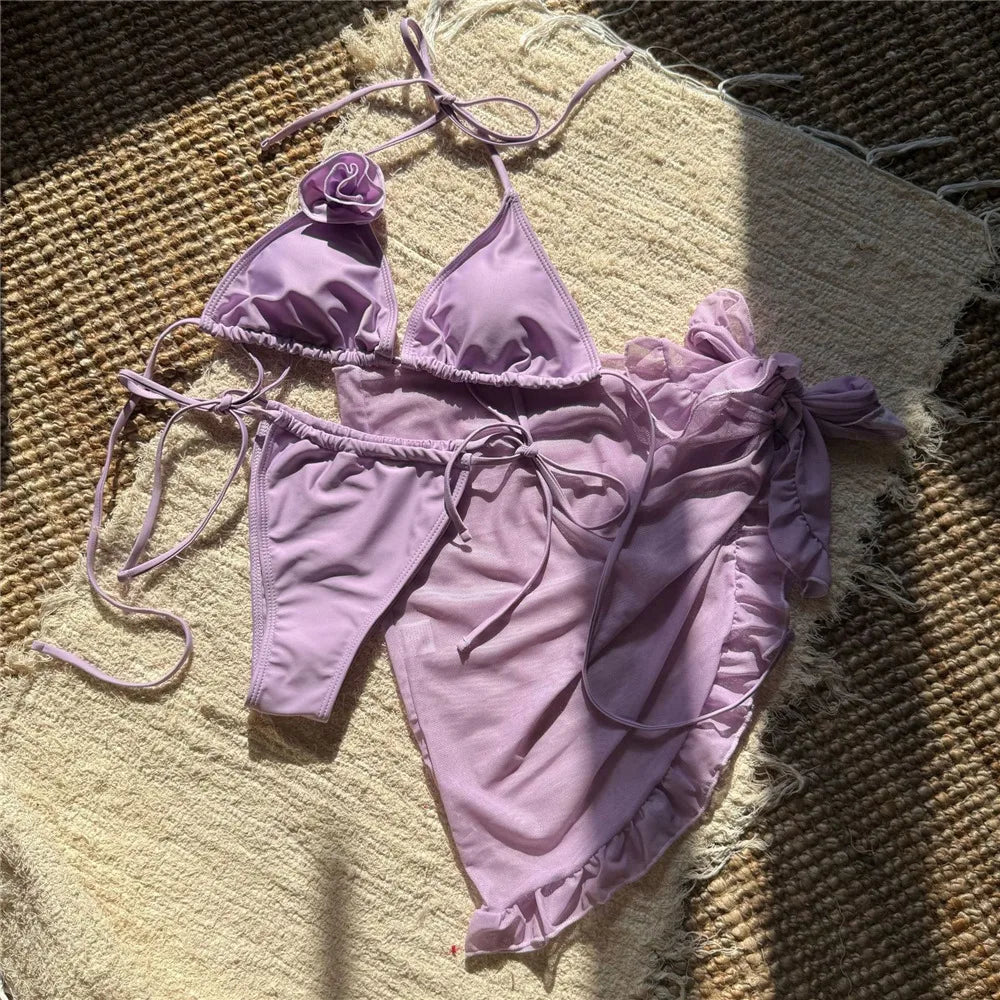 Sexy 3D Flower String Halter Bikinis 2025 Women Swimsuit Cover Ups Lace-up Thong Swimwear Beach Wear Bather 3 Piece Bikini Set