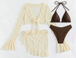 2026 Sexy Four-piece Women Swimsuit Long-sleeve Cover-up Swimwear Summer Solid Bikini Set Brazilian Beachwear Party bathing suit