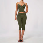 Summer Color Blocking Yoga Suit Women Tracksuit Hanging Neck V Neck Slim Sports Vest Tight Hip Lifting Capri Pants Fitness Sets