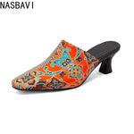 NASBAVI New Breathable Hollow Slippers Stone Pattern Leather Pumps Women Chunky Heels Mules Black Dress Shoes Big Size 45 46 47