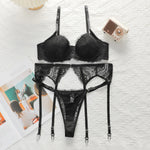 INENEMIS 3-Piece Black Bra Set Women lace sexy Lingerie sex Set Ladies Sexy Panty Underwear Set A2213