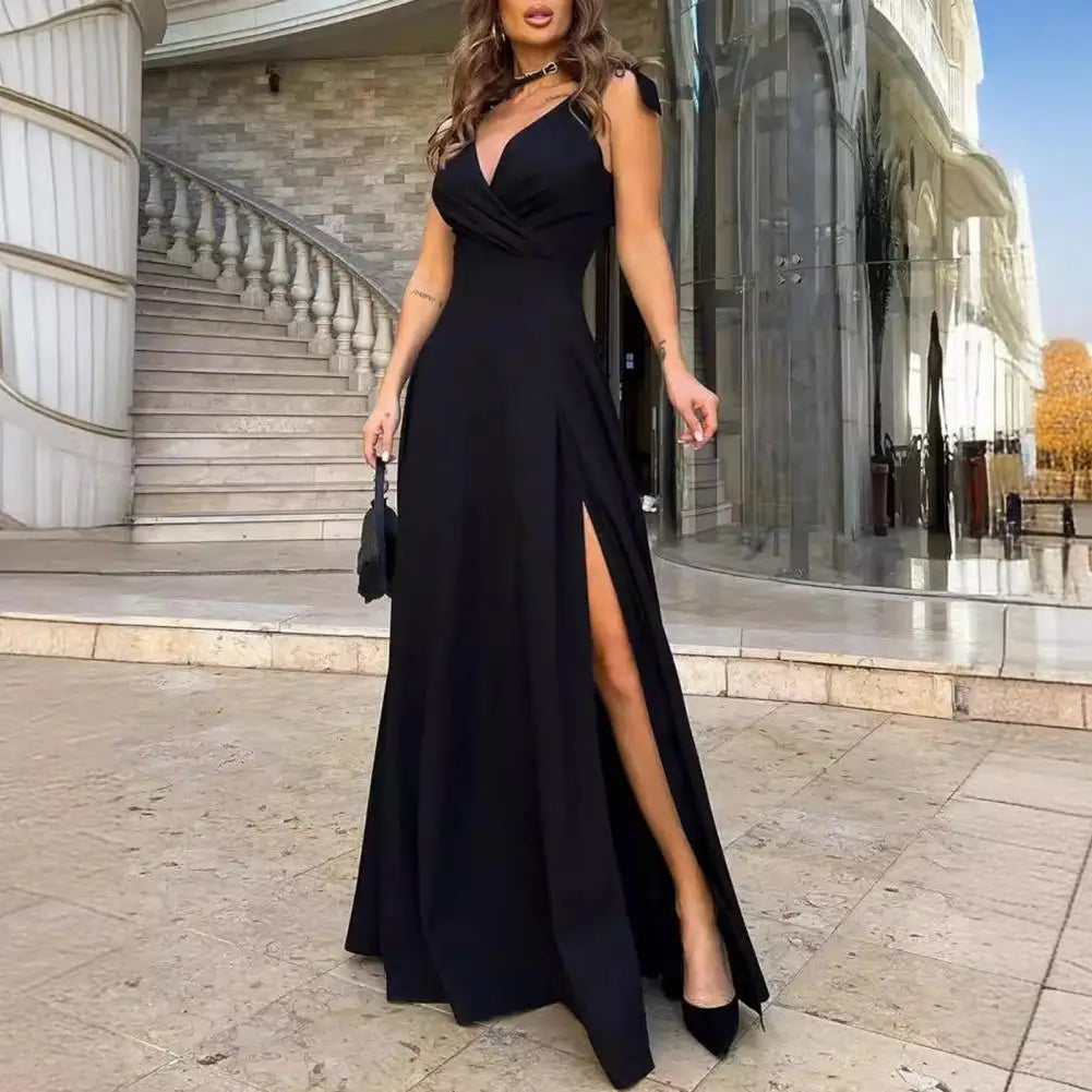 Sexy V Neck Long Prom Dress Women's Off Shoulder High Split Maxi Dress Formal Cocktail Party Evening Gown with Train