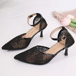 Sexy Black Mesh Pointed Toe Pumps Women Plus Size 43 Ankle Buckle High Heel Party Shoes Woman Embroidered Sequins Pumps Ladies