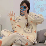 New Women's Spring and Autumn Fashion Cartoon Casual Pajamas, Thin Winter Homewear, Plus-Size Simple and Loose Teenage Pajama Se