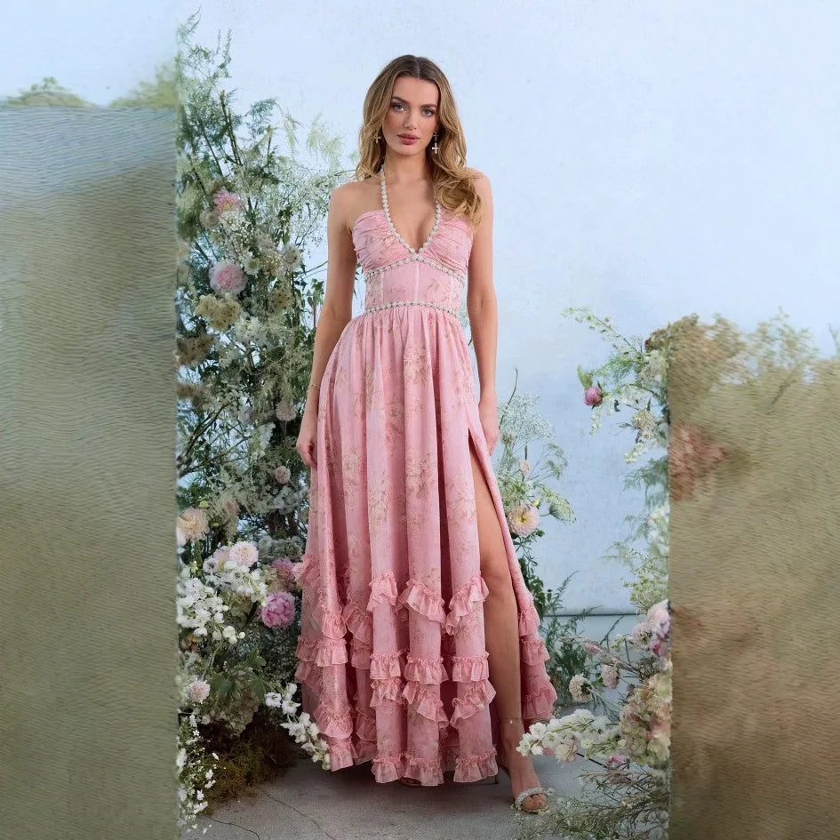 Women's Fashion Flower Print Bead Chain Halter Neck Long Dresses Sexy V-neck Backless Leace-up Slit Dress Lady Party Vestidos