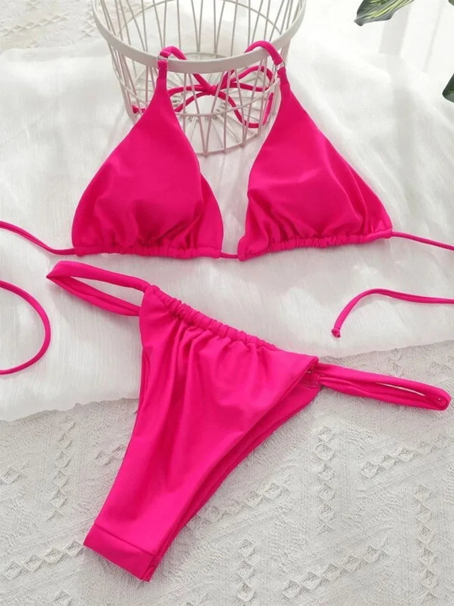 Wrinkled High Cut Mini Micro Thong Bikini Women Swimwear Female Swimsuit Two-pieces Bikini Set Halter Bather Bathing Suit Swim