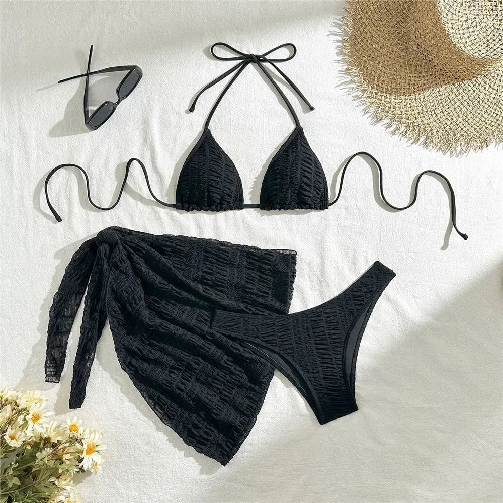 Yellow Micro Thong 3 Piece Bikini Set Damen Mesh Cover Up String Halter Swimwear Sexy Swimsuit Women 2025 Bathing Suit Bikinis